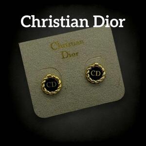 【美品】 Christian dior クリスチャンディオール ピアス ツイスト CDロゴ サークル ヴィンテージ ロゴプレート ブラック ゴールド 662