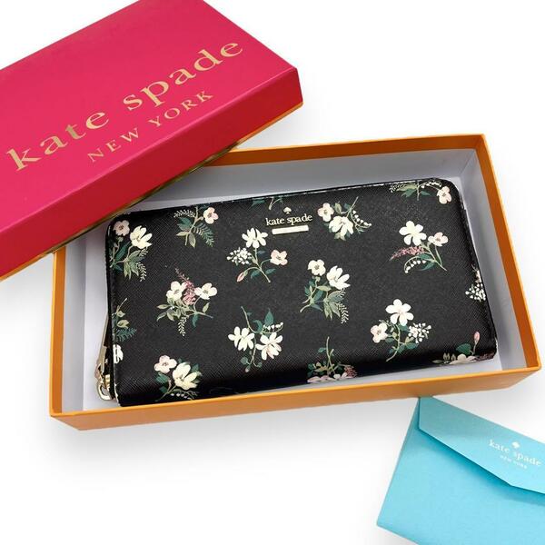 【希少】 ケイトスペードニューヨーク kate spade NEWYORK 長財布 花柄 総柄 ラウンドファスナー ラウンドジップ 箱付き ブラック 739