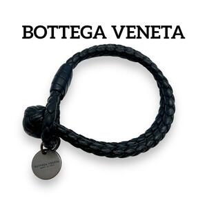 【美品】 ボッテガヴェネタ ブレスレット BOTTEGA VENETA 編み込み バングル 腕輪 イントレチャート ヴィンテージ レザー ブラック 824