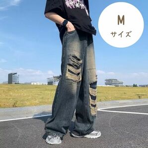 ワイド　 M　デニム　ダメージパンツ　ジーンズ　男女兼用