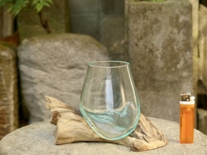 小さな吹きガラスの花瓶+流木台座 h12cm アクアリウム水槽 テラリウム ガラスオブジェ メダカ鉢　玄関飾り　0505b