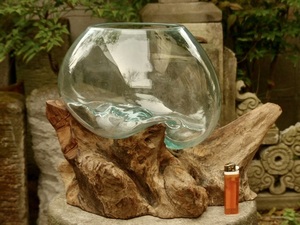 吹きガラスの花瓶+流木台座 h30cm ジャンク品 アクアリウム水槽 テラリウム ガラスオブジェ メダカ鉢　玄関飾 0502a