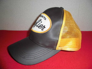  valuable hard-to-find cheap great popularity DEFIER mesh cap hat PU leather × nylon mesh rare color [ Brown × yellow ]