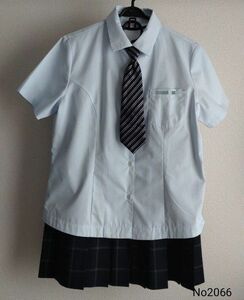 ブラウス チェックスカート ネクタイ上下3点セットL大きいサイズ 夏物 女子 青 制服 No2066