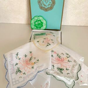 未使用 大城レース 刺繍 ハンカチ 3枚セット 花刺繍 PURE COTTON 綿100% ホワイト系 大城レース店 軽井沢夏の店 【箱無し送料無料】