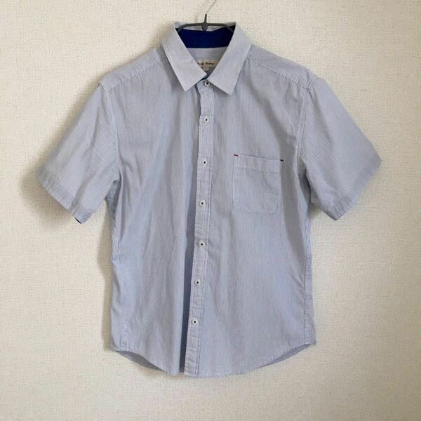 半袖シャツ ストライプシャツ ボタンダウン メンズ レディース コットン リネンブレンド シンプル きれいめ 青 水色 白