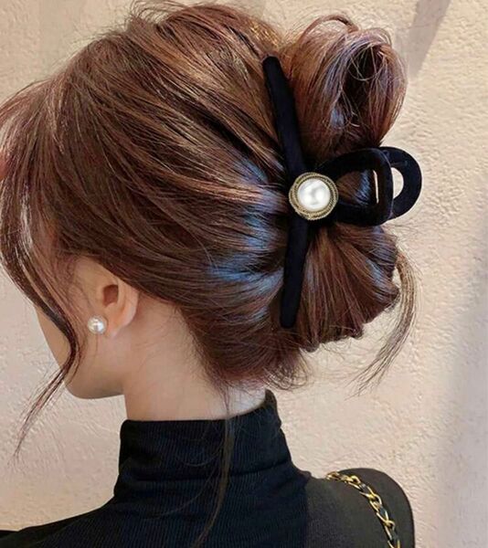 パール 黒 ヘアクリップ 大きめ バレッタ 髪飾り パーティー ベルベット 韓国