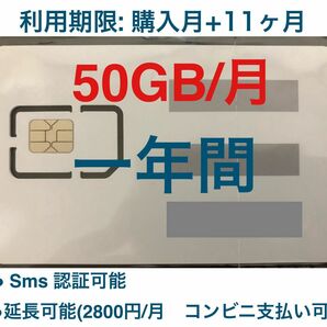 プリペイドSIMカード 毎月50GB SMS受信可 購入月+5ヶ月使用　延長可能