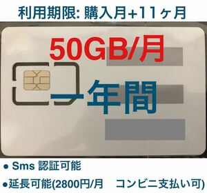 プリペイドSIMカード 毎月50GB SMS受信可 購入月+5ヶ月使用　延長可能