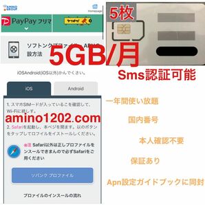 (5枚)プリペイドSIMカード 毎月5GB SMS受信可 データSIM SMS認証