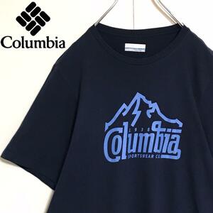 【美品】コロンビア　袖ロゴ入りTシャツ　ネイビー　人気L A1045