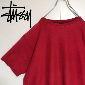 【オーバーサイズ】ステューシー　袖ロゴ入りスウェットTシャツ　赤　A1063