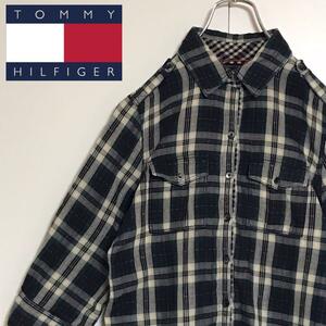 【美品】トミーヒルフィガー　袖ロゴ入り七分袖シャツ　ガーゼ二枚重ね　H733