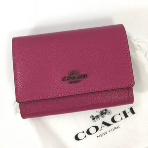 【美品】コーチ 二つ折り 財布 78390 クロスグレインレザー ピンク ミディアム フラップ ウォレット COACH