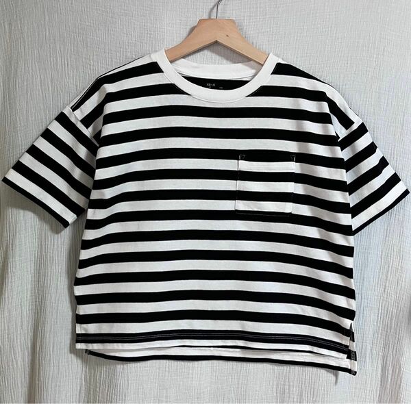 MUJI 無印良品　レディース　太番手コットンクルーネックワイドボーダーTシャツ(半袖) 黒×白　XS〜Sサイズ(ゆったりめ)