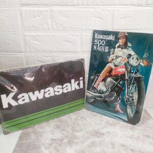 カワサキ　マッハ　KH　ヴィンテージブリキ看板　錆ダメージ加工 2枚セット　Kawasaki