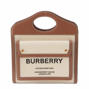 【バーバリー】Burberry　ツートン ミニ ポケット キャンバス×レザー 2way ハンドバッグ ブラウン×ナチュラル 【中古】207472