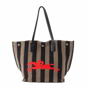 【ロンシャン】Longchamp　21AW ロゾ エッセンシャル レイエ キャンバス ストライブ トートバッグ ブラック 【中古】【正規品保証】207949