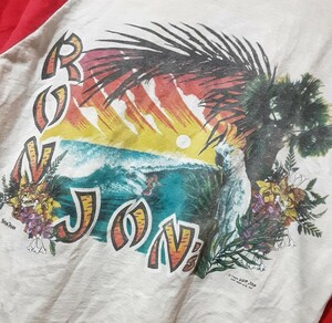 最値!希少90'sヴィンテージ!名作オールドサーフデザイン!RON JON(ロンジョン)七分 ラグラン Tシャツ!レッド×ホワイト!赤白 Mサイズ相当