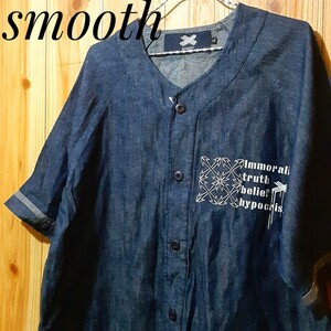 最値!新品!定11800円!希少廃盤!ビッグシルエットモデル!smooth(スムース)高級デニム ベースボール 半袖シャツ!インディゴブルー!Lサイズ