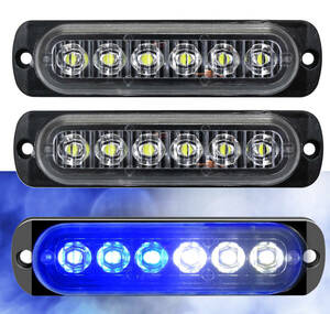 ★ LED 6連 12V ストロボ 超薄型 バーライト ランニングライト / 走行灯 点滅警告 ハザードランプ (ホワイト～ブルー) 【2本セット】