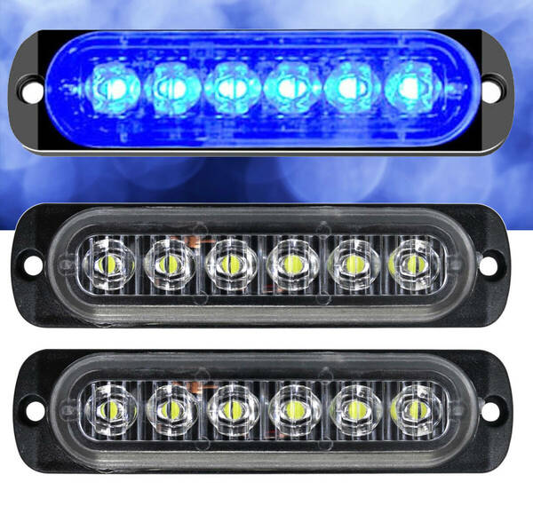 ★ LED 6連 12V ストロボ 超薄型 バーライト ランニングライト / 走行灯 点滅警告 ハザードランプ (ブルー) 【2本セット】