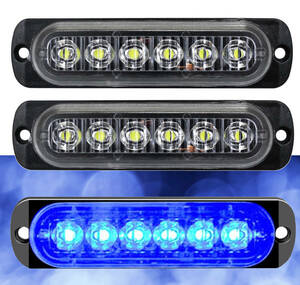 ★ LED 6連 12V ストロボ 超薄型 バーライト ランニングライト / 走行灯 点滅警告 ハザードランプ (ブルー) 【2本セット】