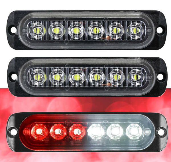 ★ LED 6連 12V ストロボ 超薄型 バーライト ランニングライト ★ 走行灯 点滅警告 ハザードランプ (レッド～ホワイト) 【2本セット】