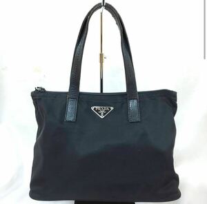 1円〜　PRADA プラダ　トートバッグ レザー×テスートナイロン 三角ロゴプレート ブラック 