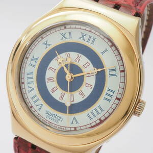 スウォッチ V8 9.5×3.6 1.55V Swatch SWISS SS クォーツ ゴールド×白×紺文字盤 ローマン 革ベルト メンズ 男性 腕時計[Pa1558-BO7