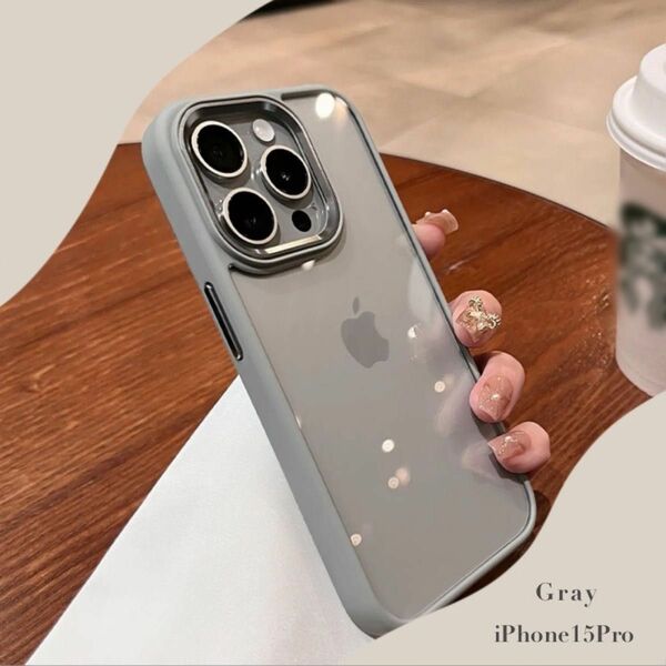 iPhoneケース グレー シンプル オシャレ チタニウム かわいい クリア 韓国 無地 透明 iPhone15Pro
