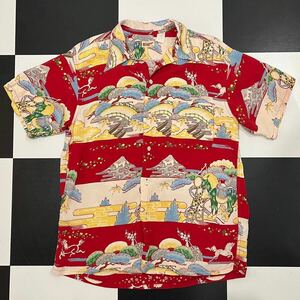 美品 M品番 サンサーフ 松 富士 山 馬 和 柄 オープンカラー アロハ シャツ 東洋 sun surf 赤 レッド aloha shirt