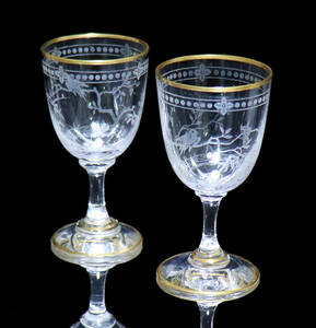 オールド・バカラ (BACCARAT) 1900年頃 ジャポニスム 金彩 アペリティフグラス 2客 鳥 昆虫 リキュール アンティーク ゴールド 春海商店