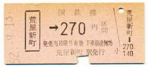 国鉄　金額式片道乗車券　荒屋新町→２７０円区間