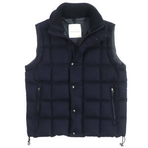 美品▼MONCLER モンクレール TENAY GILET ウール100% レザーロゴパッチ ロゴ入りボタン WZIP ダウンベスト ネイビー 2 正規品 メンズ