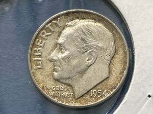 ☆アメリカ銀貨【アメリカ1954年1ＤＩＭＥ銀貨：未洗い、10セント銀貨 ミントマークD、ルーズベルト、コレクター放出品】銀貨　M477☆