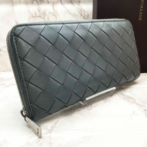 美品/RDIF搭載●ボッテガヴェネタ メンズ ビジネス 長財布 BOTTEGA VENETA マキシイントレチャート グレー 本革 ラウンドジップ