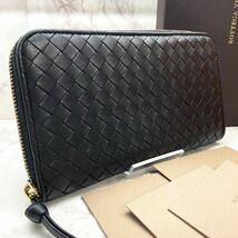 未使用級●ボッテガヴェネタ メンズ ビジネス 長財布 BOTTEGA VENETA イントレチャート 本革 ラウンド ジッピー オールレザー 黒 1円_画像1