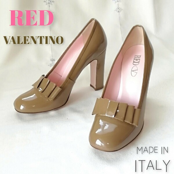 『RED VALENTINO｜レッド ヴァレンティノ』エナメル リボンパンプス/スクウェアトゥ/本革/38(24.5〜25cm位)イタリア製 パンプス