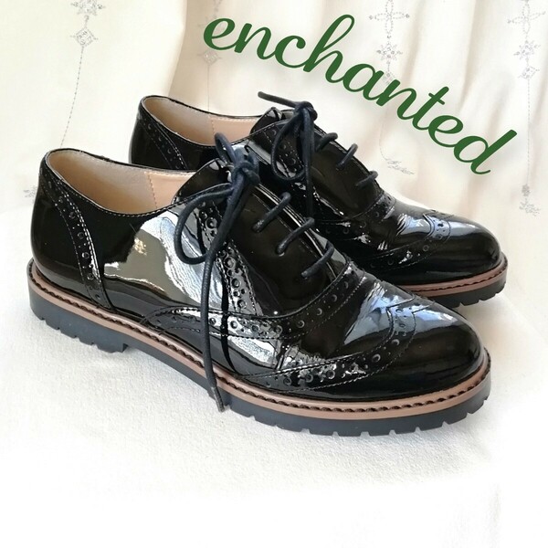 『enchanted｜エンチャンテッド』本革ウイングチップレースアップシューズ/エナメル/パテントレザー/黒/36(23cm位) レザーシューズ 革靴