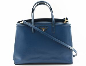 1円 PRADA プラダ サフィアーノ エナメルレザー 2WAYハンドバッグ トートバッグ スト付 トライアングルロゴ ブルー系 24-1728