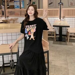 トムとジェリー Tシャツ ワンピース フリル ミドル丈 韓国 レディース 