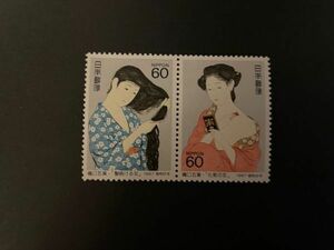切手趣味週間1987年　橋口五葉「髪梳る女・化粧の女」横ペア　未使用　#1141