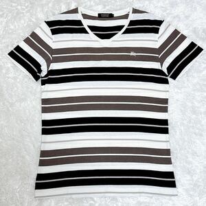 美品 バーバリーブラックレーベル カットソー Ｖネック ボーダー 半袖Tシャツ ロゴ刺繍 馬上の騎士 サイズ2 M相当 ホワイト 高品質