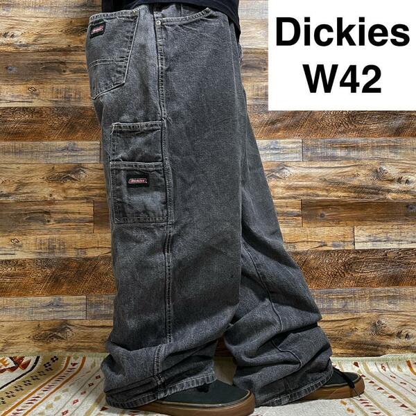 Dickies ディッキーズ w42 黒 ブラックデニムペインターパンツ 古着 ジーンズ ジーパン ねずみ色 カーペンター ディッキース 灰色 グレー