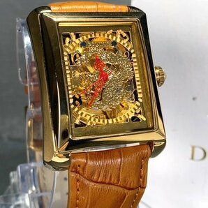 新品 正規品 ドミニク DOMINIC 自動巻き 腕時計 オートマティック スクエア レザーベルト キャメル ゴールド ドラゴン メンズ プレゼントの画像2