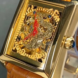 新品 正規品 ドミニク DOMINIC 自動巻き 腕時計 オートマティック スクエア レザーベルト キャメル ゴールド ドラゴン メンズ プレゼントの画像3
