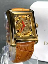 新品 正規品 ドミニク DOMINIC 自動巻き 腕時計 オートマティック スクエア レザーベルト キャメル ゴールド ドラゴン メンズ プレゼント_画像2