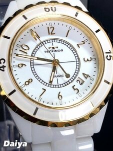  new goods Tecnos TECHNOS regular goods wristwatch analogue wristwatch quarts ceramic 3 atmospheric pressure waterproof calendar business Gold white present 