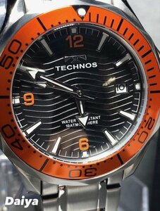 新品 TECHNOS テクノス 腕時計 正規品 アナログ腕時計 クオーツ カレンダー 10気圧防水 ステンレス シンプル オレンジ メンズ プレゼント